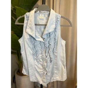 NO! JEANS Womens Light Blue Ruffle Front Sleeveless Cotton Button Top Size M
